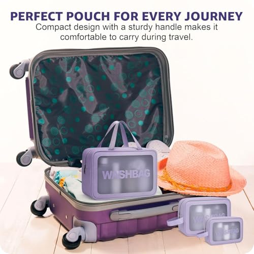 Image of Travel Makeup Pouch Set Toiletry Bag Cosmetic Organizer Bag for Women and Girls Toiletry Storage Kit Set of 3 (Purple)