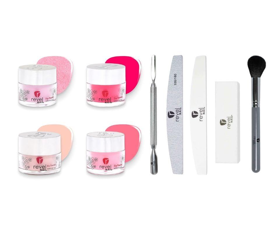 Revel Nail Dip Powder 4 Pack With Dip Powder Tool Set, Pretty in Pink