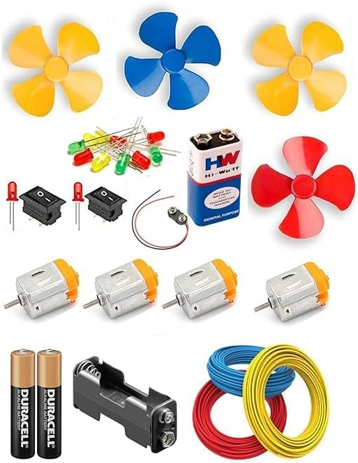 SP ELECTRON Dc Motor With Propeller/fan/ 9 v Battery/snap Connector +2 Aa Battery With Holder/3m Wire/10 Led/ 2 Mini Rocker Switch (Red, Green, Yellow)- Multicolor,Copper