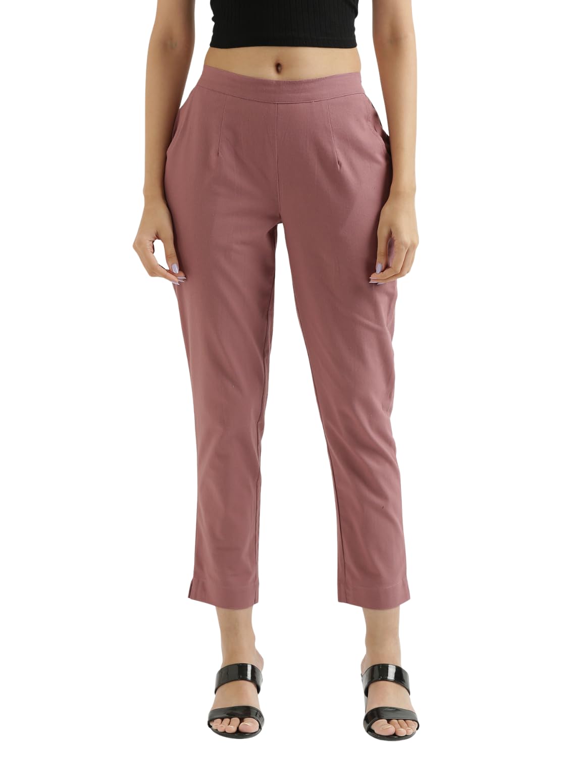 saadaa Women’s Regular Fit Mid-Rise Cotton Pants | Half-Elasticated Waist | Comfortable Casual Trousers with 2 Pockets for Daily, Office & Travel Wear |-picture-51