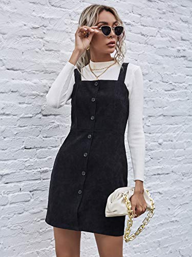 Shein Women's Corduroy Mini Overall Dress Button Front Sleeveless A Line Pinafore Dresses Black Small #TOP2