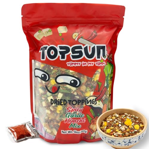 Spicy Garlic Kimchi Ramen Toppings 14oz, Authentic Korean 10 Ingredients Dehydrated Vegetable Mix & Add-Ins for Instant Noodles, Separate Chili Flakes Packet, Low Sodium, Up to 27 Servings