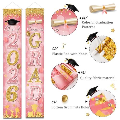 Image of 2026 Graduation Banner Pink Class of Congrats Grad Porch Sign and You Did It Graduation Door Cover for High School College Party Supplies Indoor Outdoor(Pink)