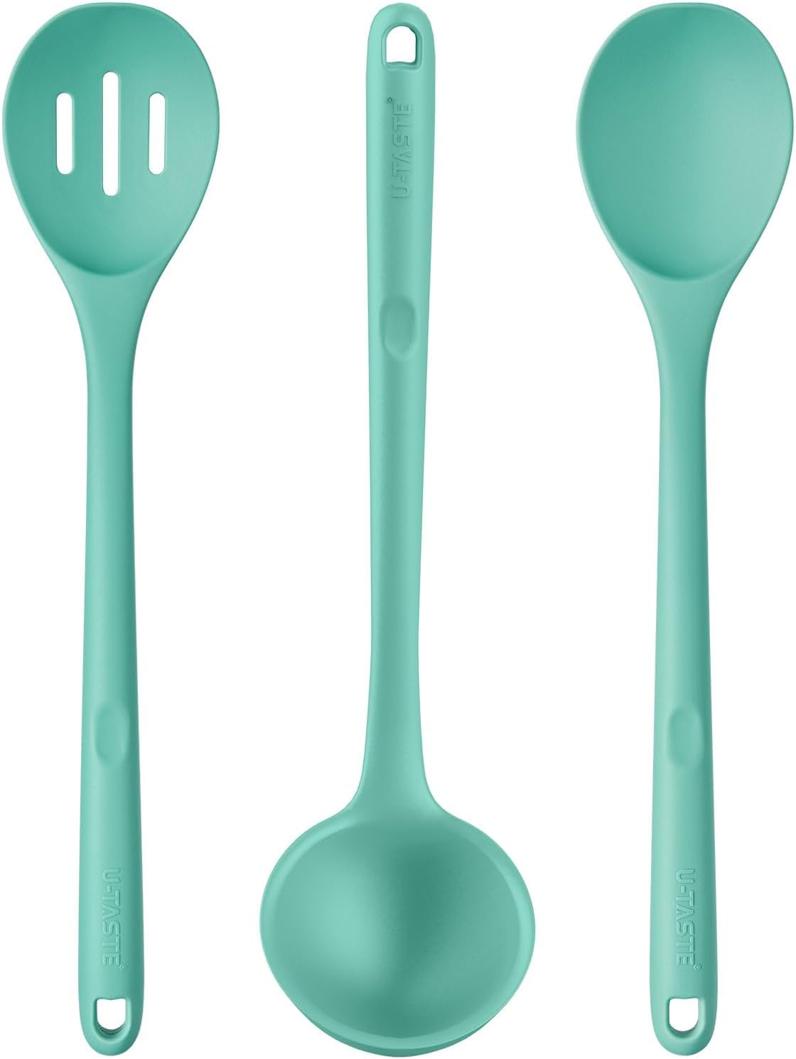 U-Taste 600℉ Heat Resistant Silicone Solid and Slotted Cooking Spoon, BPA Free for Mixing & Serving, and 13 inch Long and 4 oz Large Non-Stick Silicone Soup Ladle (Set of 3, Aqua Sky)