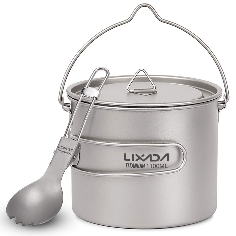Lixada Lekki tytanowy pojemnik 750/900/1100 ml ze składaną łyżką, na biwak na świeżym powietrzu, piesze wycieczki i pikniki