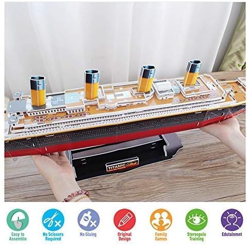 Hands holding the CubicFun T4011h Titanic 3D Puzzle, with feature icons.