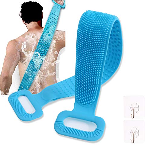 Soft Silicone Back Scrubber for Shower Extra Long 30 Inch,Double Side Bath Body Brush Back Massage, Exfoliating Effect, Comfortable and Easy to Reach Whole Body (Blue scrubber)