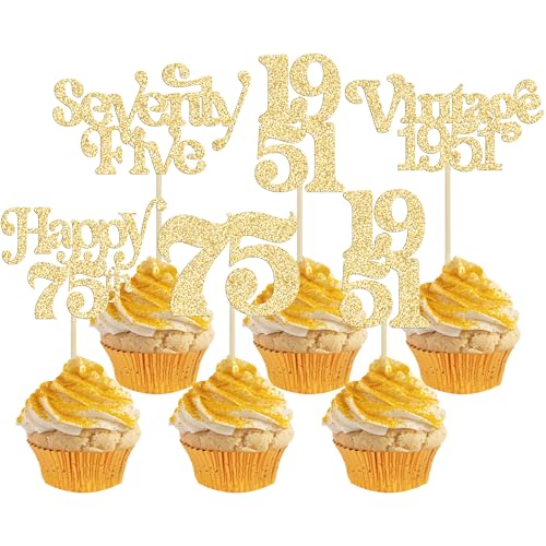 Gyufise 30Pcs 75th Birthday Cupcake Toppers Glitter Vintage 1951 Cheers to 75 Fabulous Seventy Five Cupcake Picks 75th Birthday Wedding Anniversary Party Cake Decorations Supplies Gold