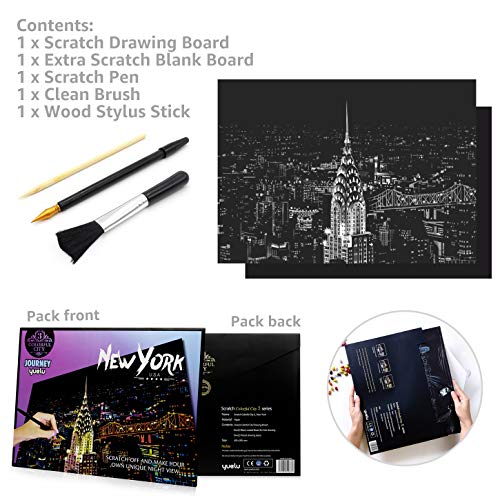 Scratch Paper Rainbow Painting Sketch Pads DIY Art Craft Night View Scratchboard for Adults and Kids - Scratch Painting Creative Gift - with 3 tools - Scraper, Pen, Clean Brush - 16” x 11.2”(New York)