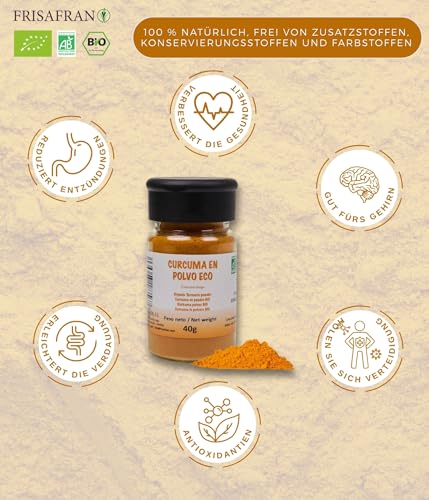 FRISAFRAN | BIO Kurkuma Pulver | Gelbwurz gemahlen | 40g | Hochwertige Kurkumawurzel aus Indien | Kurkuma Bio | Golden Kurkuma | Kurkuma Achterhof Pulver | Kurkuma Gewürz | Kurkuma | Natürlich bio