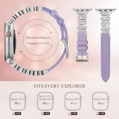 Leather Strap Compatible with Apple Watch Bands Luxurious Slim Fashion Strap Premium Stainless Steel Connectors Designed for Women iWatch Series 11/10/9/8/7/6/5/4/SE (46/45/44/42mm Purple-Starlight) by BinGeLi - Used condition - Image 2