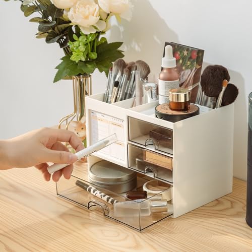 QIYVLOS Desk Organizer with 3 Drawer, Multi-Functional Pencil Pen Holder for Desk, Desk Organizers and Storage with 8 Compartments, Desktop Organizer for Office Home Art Supplies (White) - Image 6