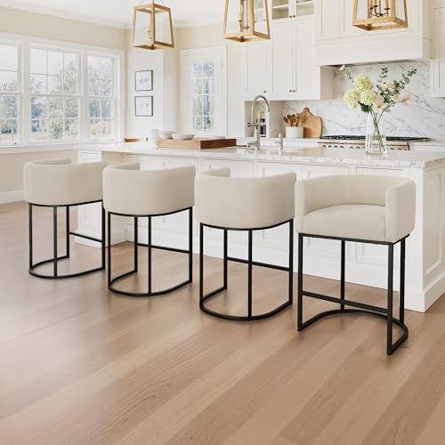 Image of LUE BONA Counter Height Bar Stools Set of 4, Modern Barrel Counter Stools with Backrest and Arms, Black Metal Frames, Linen Fabric Upholstered Accent Barstools for Kitchen Island, Linen Color