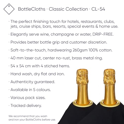 BOTTLECLOTHS - Classic Collection, Flaschentuch mit Metallring für Eiskübel, Baumwolle, 54 cm, Loch in der Mitte (Schwarz mit Goldenem Metallring, 2 Stück)