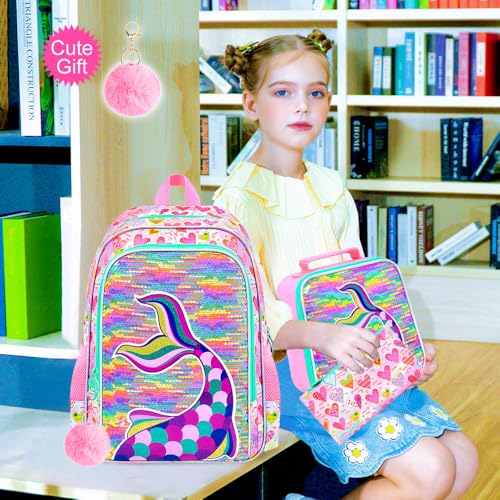 Image of CCJPX 3Pcs Mermaid Backpack for Girls, 16 inch Kids Sequin Bookbag with Lunch Box, Water Resistant Elementary School Bag for Kindergarten Preschool Toddler (Rainbow)