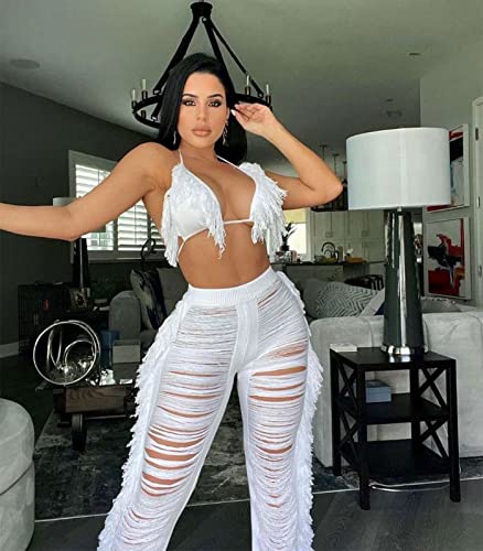 KANSOON Two Piece Sets for Women Sexy Crochet Outfits Halter Top Fringe Pants Summer Party Clubwear4