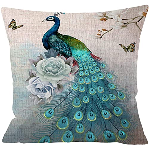 Guhoo 20 X 20 Blue Peacock Throw Pillow Covers, Peacock Pillow Cover 20 X 20, Throw Peacock Print Pillowcases Decorative Outdoor Linen Square Pillow Cases With Hidden Zipper For Couch Sofa Patio Décor #TOP2