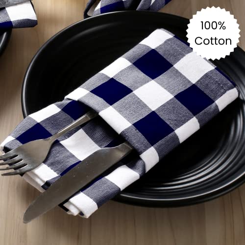 Dine N Decor Buffalo Plaid Cloth Napkins 100% Cotton - Ideal For Events Wedding Christmas Easter - Perfect Everyday Use Cloth Napkins 18X18 - Set Of 12 Gingham Check Napkins- Blue White #TOP2