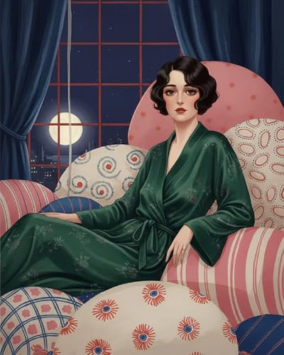 Lawrence Williams Designs Poster - Vintage Interior Portrait Wall Art - Elegant Woman in Green Robe Night Window Design - Sophisticated Decor for Living Room, Office or Studio - 8x10 Unframed Print