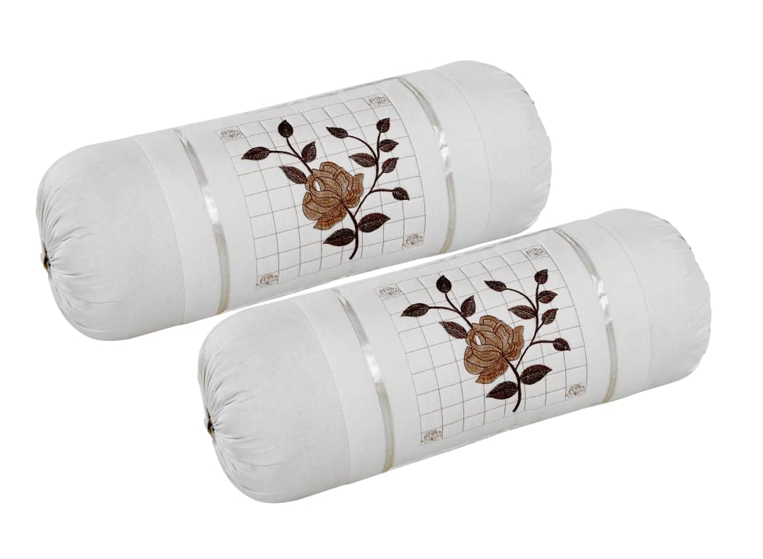 FABZIFABZI Pair Cotton Bolster Covers with Computerised Embroidery; (Standard__White)_FBA-Rose Bolster--White