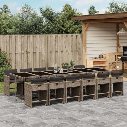 Image of 13-Piece Gray Patio Dining Set with Poly Rattan and Foldable Chairs, Weather-Resistant Outdoor Furniture for Spacious Seating and Compact Storage