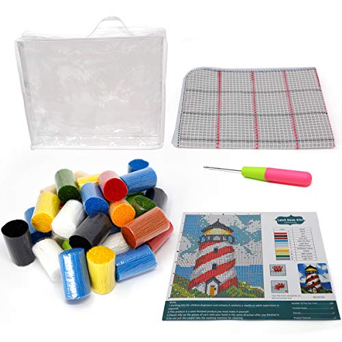 Image of clubevy Latch Hook Rug Kits, Kids Adults Carpet Embroidery Set Beginners Cross Stitch DIY Crochet Needlework Crafts Kits with Yarn, Crochet Hook and Gift Box, Lighthouse Pattern Printed 16X24 Inches
