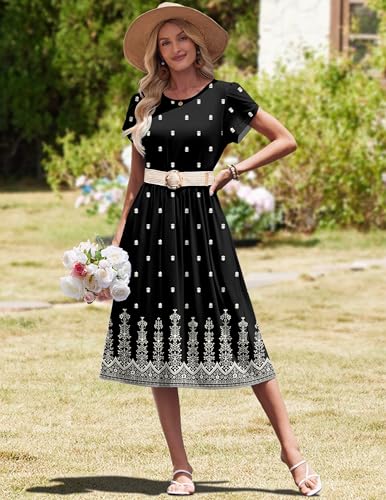 Image of HOTOUCH Women's Summer A-Line Midi Dresses 2026 Casual Floral Short Sleeve T-Shirt Dress Flowy Beach Sundress with Pockets