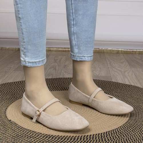 Women's Mary Jane Flats with Easy Buckle Comfortable Closed Square Toe Slip On Flat Shoes for Women Daily Office Casual Retro Suede Ballet Shoes2