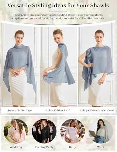 BEAUZSUZSANA Chiffon Cape Shawls for Evening Dress Soft Elegant Sheer Wraps Perfect for Weddings Parties (Dusty Grey) — view 5