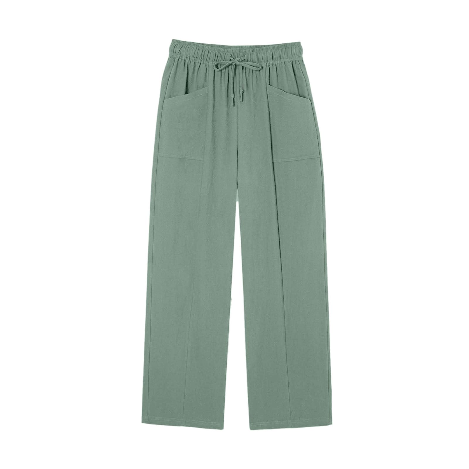 Pantalon Fluide Femme Été Coton Et Lin Léger Ample Large Pantalons Chic Et Elegant Palazzo Coupe Droit Taille Haute Élastique Poche Pants De Plage Couleur Unie Décontracté Mode Vêtements
