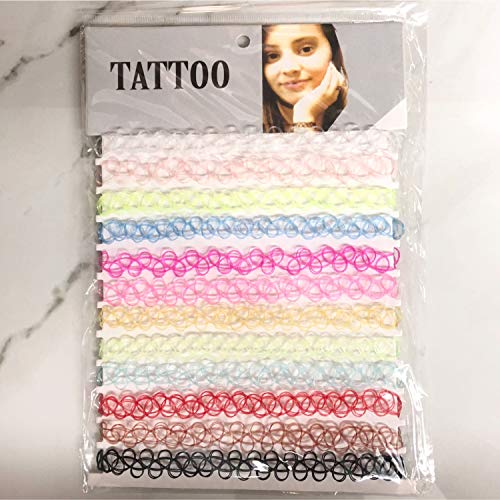 Bodyj4You 12Pc Choker Necklace Set | Henna Tattoo 90S Old-School Style | Kids Teens Girls Women | Vibrant Rainbow Black Pink Green Blue Red Clear White Multicolor | Stretch Elastic Jewelry Gift Pack #TOP7