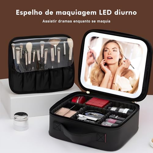 Morina Bolsa de Maquiagem com Espelho e luz LED de 3 cores, Organizador de Maquillaje, Dimmable Cont