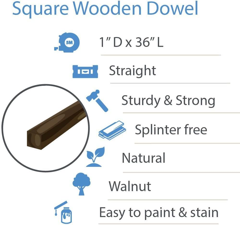 Walnut Wood Square Dowel Rods, 1/2 inch x 36, Pack of 1 Wooden Sticks for Crafts and Woodworking, by Woodpeckers