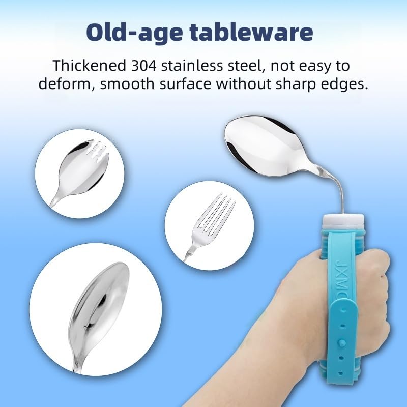 Tremors Elderly Assistance Products,Spoon and Fork Three Piece Set,Handicap Accessories for Daily Living,Adaptive Equipment with Blue Handle Belt,Aids for Living,Eating Utensils Sets. - Image 4