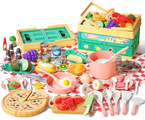 80pcs Pretend Play Kitchen Set for Toddlers, Kids Cookware Playset with Pots/Pans/Food/Fruits/Vegetables/Picnic Blanket/Storage Basket, Pink...