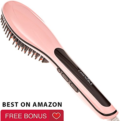 Hair Straightener Brush - Professional Electric Iron Comb - Simply Straight Hairstyling - Best Ceramic Straightening brush, Detangling Curls, Instant Magic Results, Free Bonus - Carenoble (Pink)