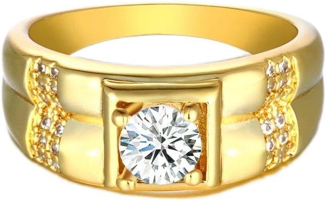 YiLinger Exquisite Men Jewelry Gold Plated Square Pattern Cubic Zirconia Wide Band Rings Size 8