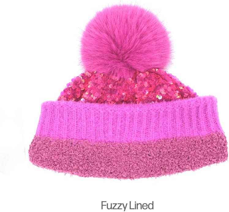 C.C Sequin Pom Beanie for Women - Acrylic Stretchable Soft Warm Knit Winter Skully Hat with Yarn Pom - Image 3