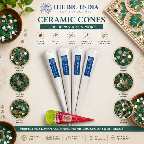 Image of Ceramic Cones & Mirror for lippan Art & Craft with Free Glue Cone, Mandana Art, Texture Art, Pottery, Liner, DIY Decorative Purposes (Pure for Sure)