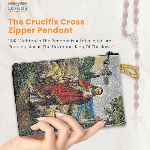 Image of TREE OF LIFE REV. 22:14 Catholic Rosary Pouch, 4 inch x 6 inch Jewelry & Coin Purse with Cross, Small Woven Tapestry Icon Bag, Bolsa de Rosario Catolico para Joyeria, Jesus the Good Shepherd & Psalm 23,