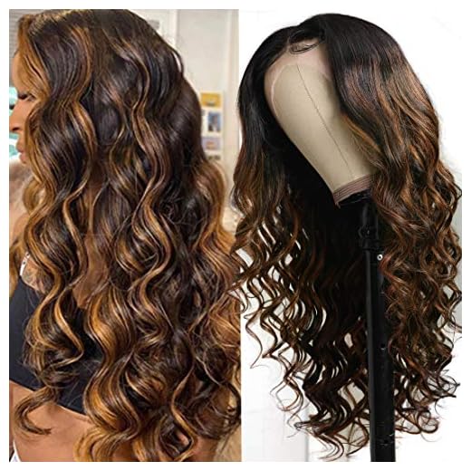 UNice Highlight Wavy T Part Lace Front Human Hair Wigs for Black Women Brazilian Remy Hair Ombre Chocolate Brown Body Wave Frontal Wig Middle Part Pre Plucked with Baby Hair 18 inch