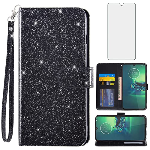 Asuwish Phone Case For Moto G8 Plus With Tempered Glass Screen Protector And Glitter Wallet Cover Card Holder Slot Kickstand Accessories Flip Motog8Plus Motorola 8G G 8 + G8+ G8Plus Women Men Black #TOP26