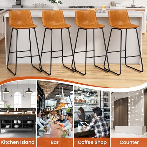 Image of REONEY Bar Stools Set of 4, 30 inch PU Leather Counter Height Barstools, Brown