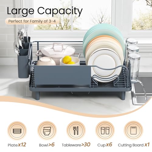Dish Drying Rack Large Capacity - Stainless Steel Dish Rack for Kitchen Counter with Drain Board, Rustproof Dish Drainer with Auto Drain Spout, Utensil Holder & Glass Holder, Dinnerware Organizer