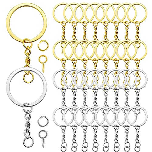 50Pcs Anneaux Porte Clés avec Chaîne,Anneaux 25mm porte-clés plats en métal avec chaîne et anneau de jonction ouvert,pour loisirs créatifs et fabrication...