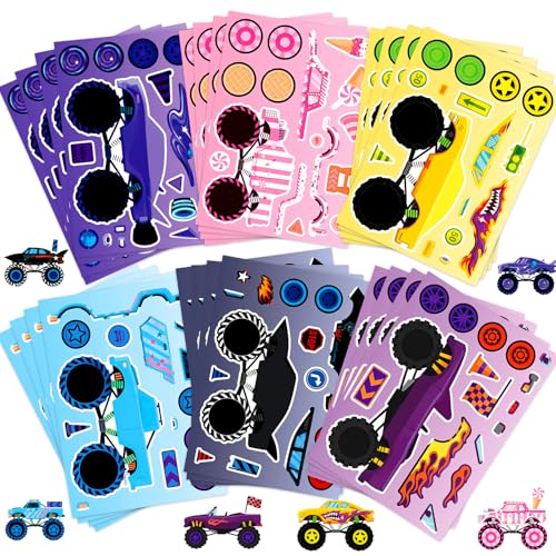 24 Sheets Make Your Own Stickers, Car Make-a-face Sticker Trucks, Race Cars DIY Craft Stickers for Party Decoration Reward