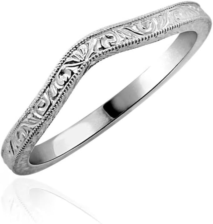 14K White Gold Plated Antique Art Deco Filigree Milgrain Unique Curve Stacking Minimalist Wedding Band 925 Sterling Silver Handcrafted Timeless Victorian Anniversary Band Thanksgiving Day Gift For Her
