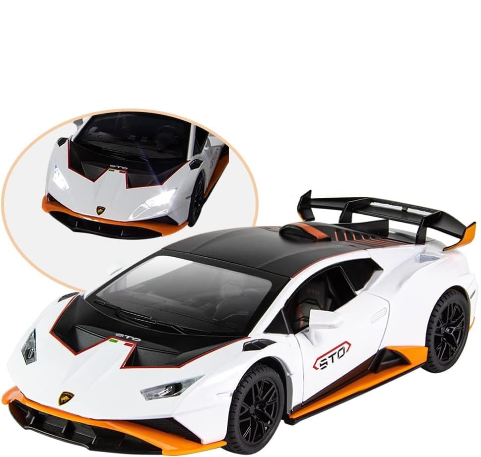 Image of Lambo Huracan STO 1:24 Big Size Diecast Scale Model Alloy Metal Pull Back Toy car for Kids with Openable Doors & Light, Music Toy Vehicle for Kids (White)