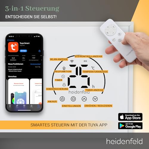 Heidenfeld Infrarotheizung HF- HP140 | 300- 800 Watt von 10- 20 m² | 3in1 Steuerung via App/ Fernbedienung/ Touch- Bedienfeld | Mobile Elektroheizung | Heizkörper mit Thermostat-4