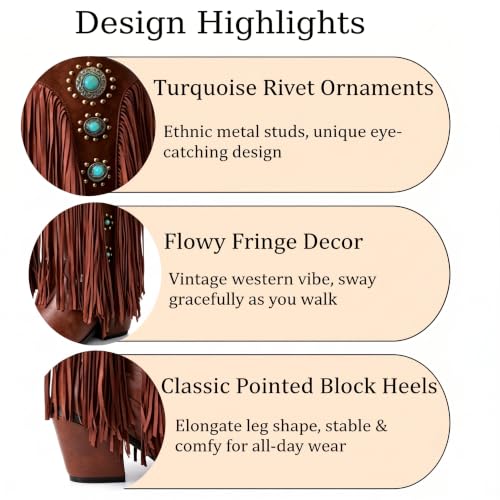 Women Brown Western Cowgirl Boots, Pointed Toe Fringe Turquoise Studs Shoes by Winforea - Used condition - Image 4